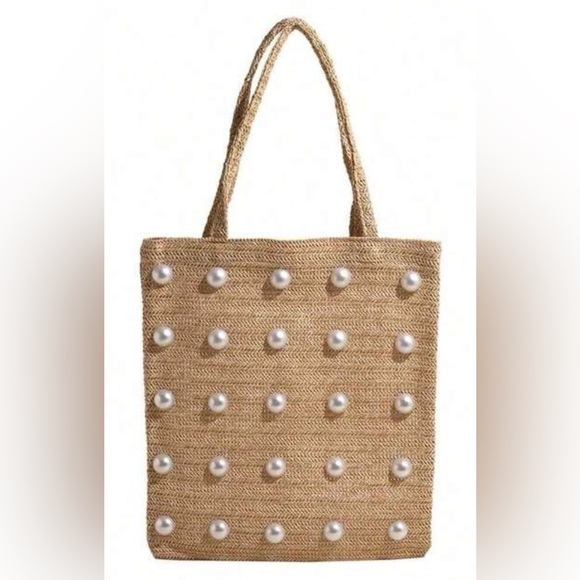 Handbags - "Sandy" Pearl-Embellished Tan Weaved Tote Bag! NWOT